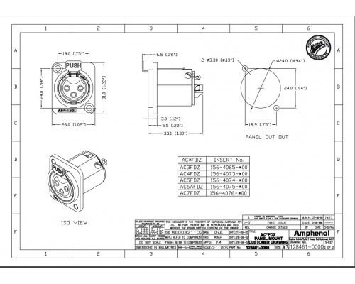 AMPHENOL AC3FDZ - разъем XLR панельный мама , 3 контакта, квадратный фланец, цвет никель