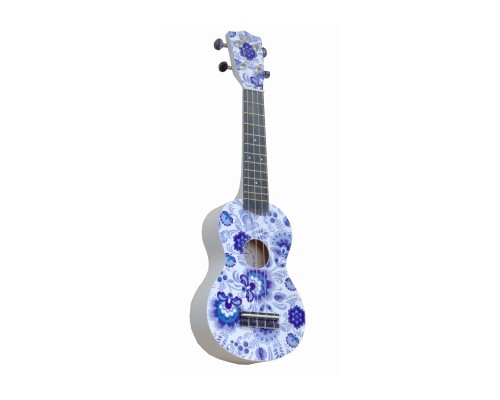WIKI UK/RUS/GZHEL - гитара укулеле, сопрано, липа, рисунок 'ГЖЕЛЬ', чехол в комплекте.