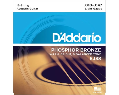 D'ADDARIO EJ38 - струны для 12-струнной гитары, с обмоткой из фосфорной бронзы, Light 10-47