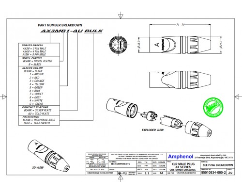 AMPHENOL AX5M - разъем XLR кабельный папа , 5 контакта, точеные контакты, цвет - никель