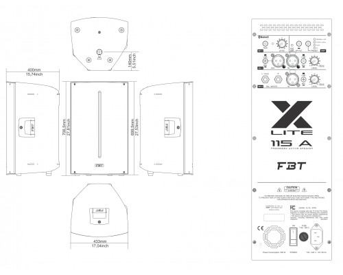 FBT X-LITE 115A - двухполосная активная би-амп, акуст.система, НЧ 1200 Вт+ВЧ 300Вт,42 Гц-20 кГц, SPL