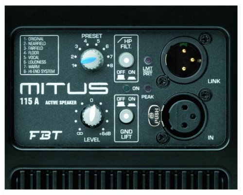 FBT MITUS 115A - активная двухполосная акустическая система, 400+200Вт, 133дБ, 46Гц-20к Гц, DSP