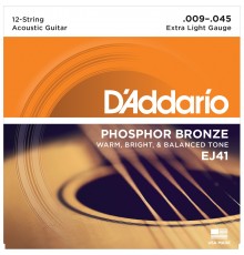 D'ADDARIO EJ41 - струны для 12-струнной гитары, с обмоткой из фосфорной бронзы, Extra Light 9-45