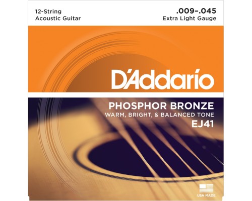 D'ADDARIO EJ41 - струны для 12-струнной гитары, с обмоткой из фосфорной бронзы, Extra Light 9-45