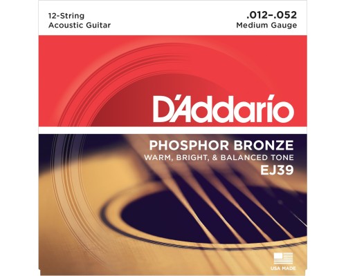 D'ADDARIO EJ39 - струны для 12-струнной гитары, с обмоткой из фосфорной бронзы, Medium 12-52