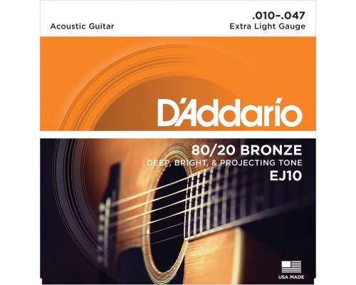 D'ADDARIO EJ10 - струны для акустической гитары, бронза 80/20, Extra Light 10-47