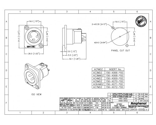 AMPHENOL AC3MDZ - разъем XLR панельный папа , 3 контакта, квадратный фланец, цвет никель
