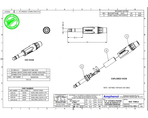 AMPHENOL ACPS-KN - джек стерео, кабельный, 6.3 мм, корпус металл, цвет - никель