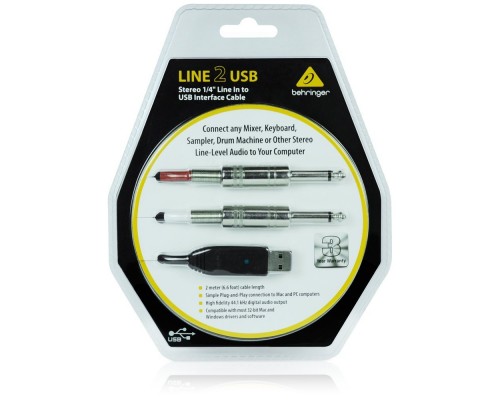 BEHRINGER LINE 2 USB - линейный стерео USB-аудиоинтерфейс (кабель), 44.1кГц и 48 кГц, длина 2 м.