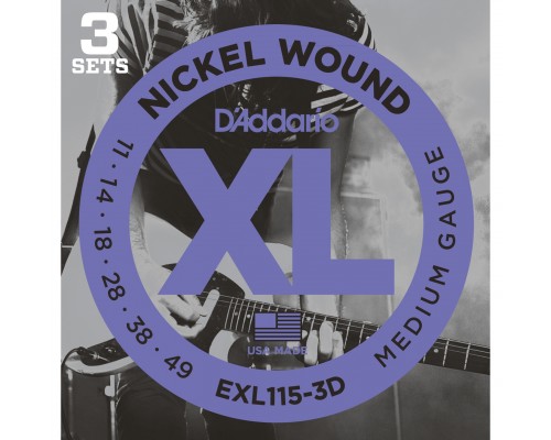 D'ADDARIO EXL115-3D - струны для электрогитары., Blues/Jazz Rock, никель, 11-49, 3 комплекта